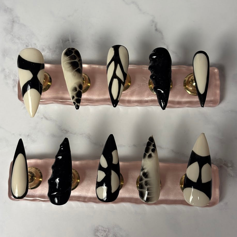 Black & White Marble Press-On Nails – “Noir Swirl” Collection