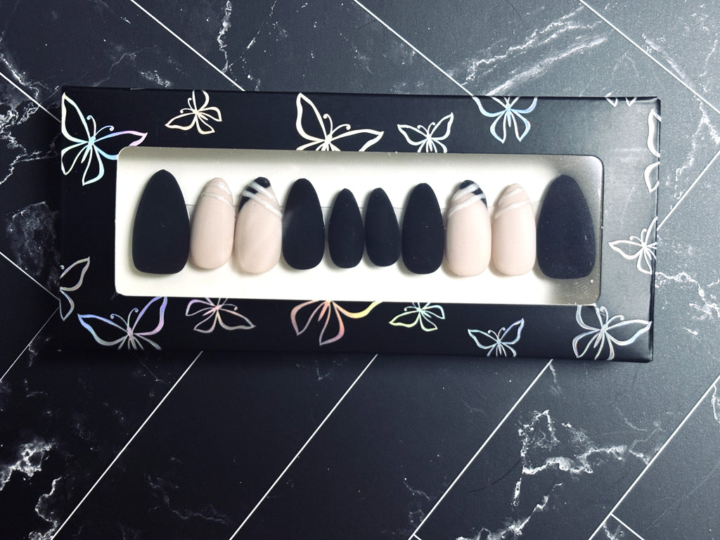 Black & White Geometric French Tip Press-On Nails – “Noir Geometry” Collection