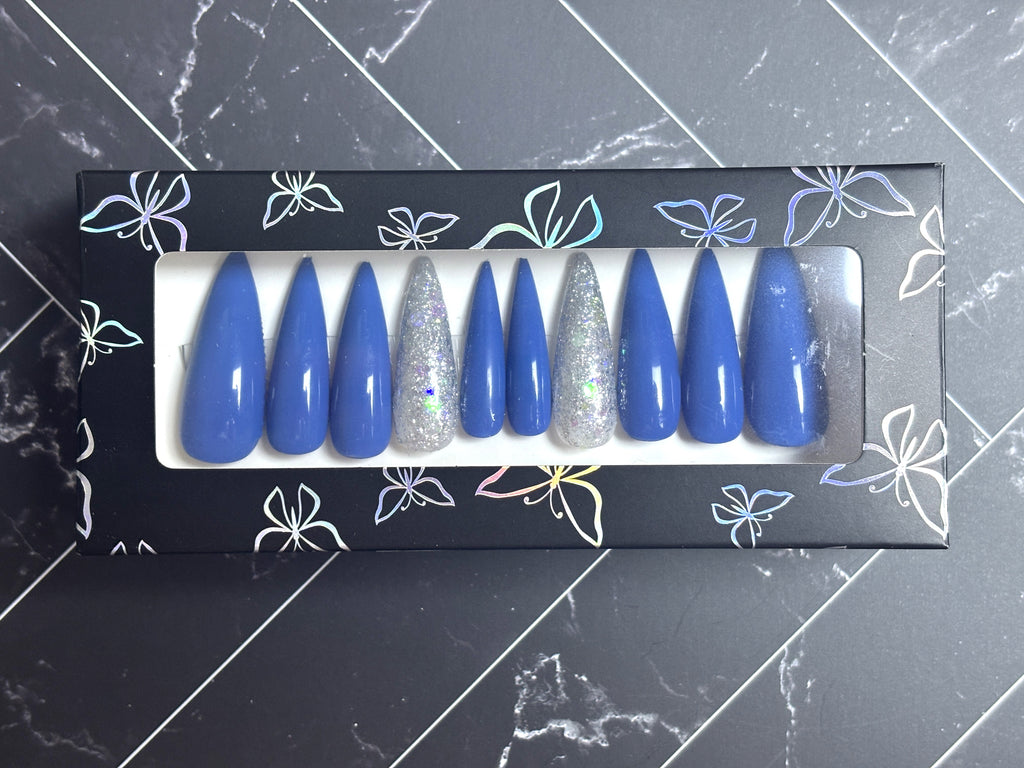 Mommy & Me Blue Silver Glitter Press-On Nails – “Starry Night” Collection