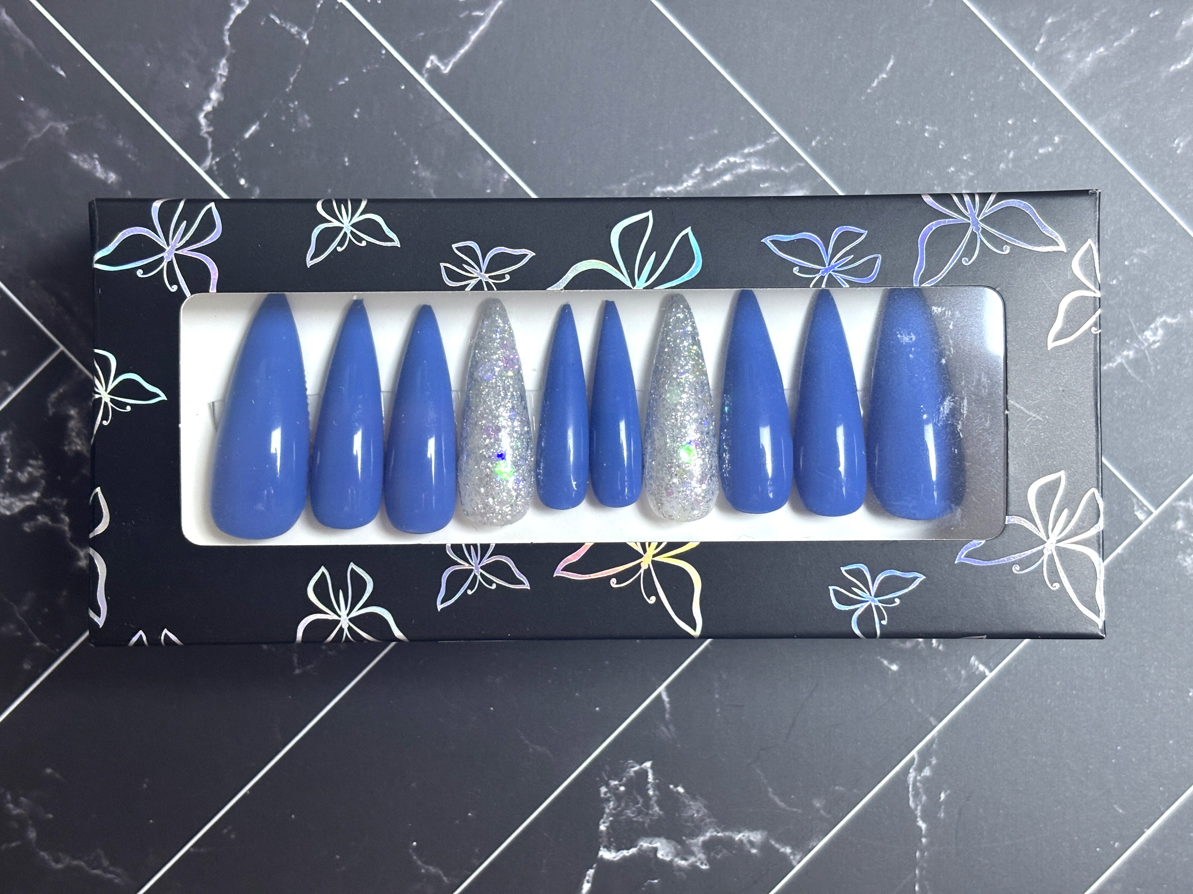 Mommy & Me Blue Silver Glitter Press-On Nails – “Starry Night” Collection